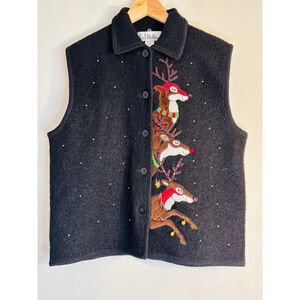 Vintage Lisa International Black Holiday Reindeer Christmas Boiled Wool Vest XL